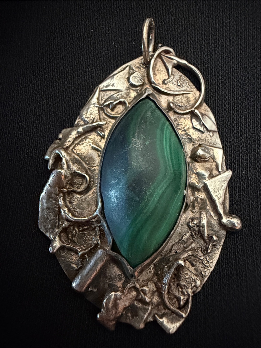 Vintage 925 sterling silver Art Nouveau? Naturalistic organic pendant malachite